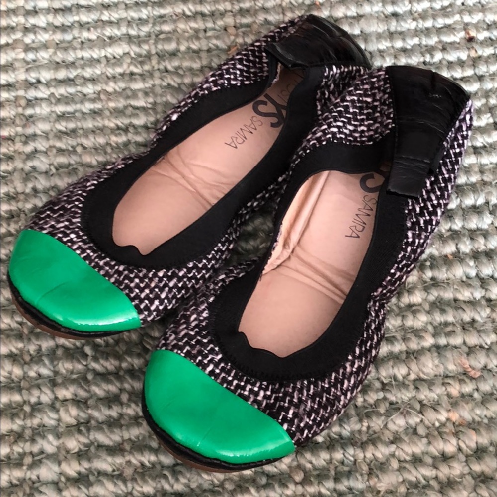 Yosi Samra tweed and patent leather foldable flats